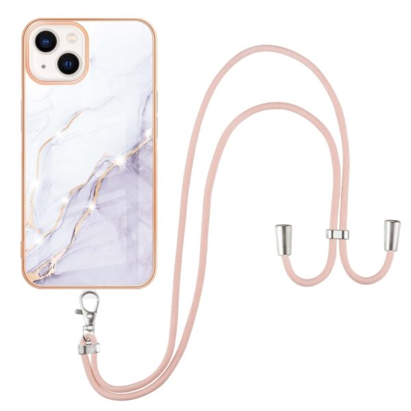 iPhone 14 Θήκη Σιλικόνης Με Λουράκι Electroplating Marble Pattern IMD TPU Shockproof Case with Neck Lanyard White 006