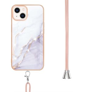 iPhone 14 Θήκη Σιλικόνης Με Λουράκι Electroplating Marble Pattern IMD TPU Shockproof Case with Neck Lanyard White 006