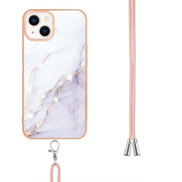 iPhone 14 Θήκη Σιλικόνης Με Λουράκι Electroplating Marble Pattern IMD TPU Shockproof Case with Neck Lanyard White 006