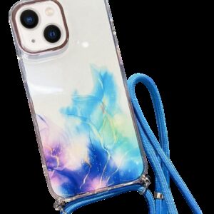 Forcell iPhone 14 Gold Halo Marble Pattern Lanyard Θήκη Σιλικόνης Διάφανη - Blue