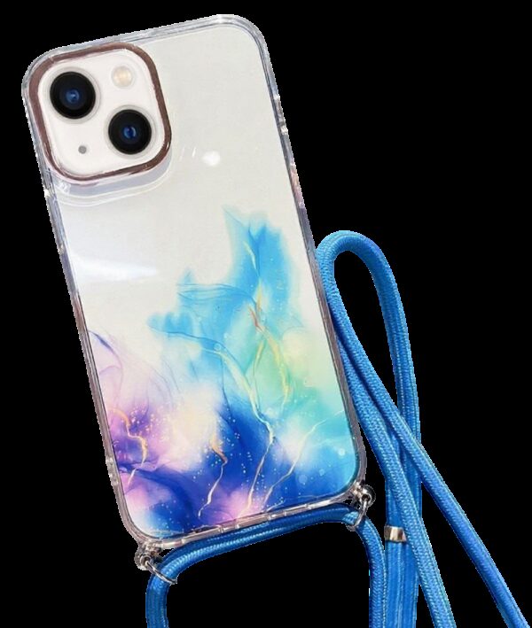 Forcell iPhone 14 Gold Halo Marble Pattern Lanyard Θήκη Σιλικόνης Διάφανη - Blue