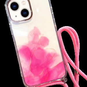 Forcell iPhone 14 Gold Halo Marble Pattern Lanyard Θήκη Σιλικόνης Διάφανη - Pink