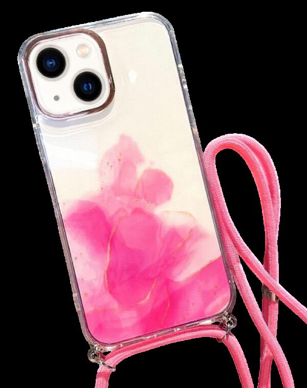Forcell iPhone 14 Gold Halo Marble Pattern Lanyard Θήκη Σιλικόνης Διάφανη - Pink