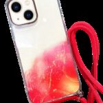Forcell iPhone 14 Gold Halo Marble Pattern Lanyard Θήκη Σιλικόνης Διάφανη - Red
