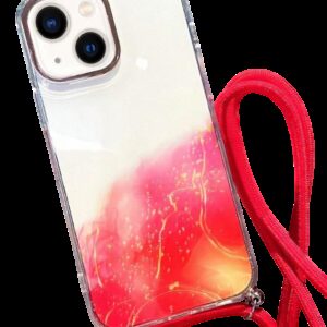 Forcell iPhone 14 Gold Halo Marble Pattern Lanyard Θήκη Σιλικόνης Διάφανη - Red