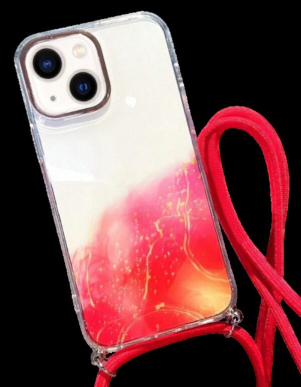 Forcell iPhone 14 Gold Halo Marble Pattern Lanyard Θήκη Σιλικόνης Διάφανη - Red
