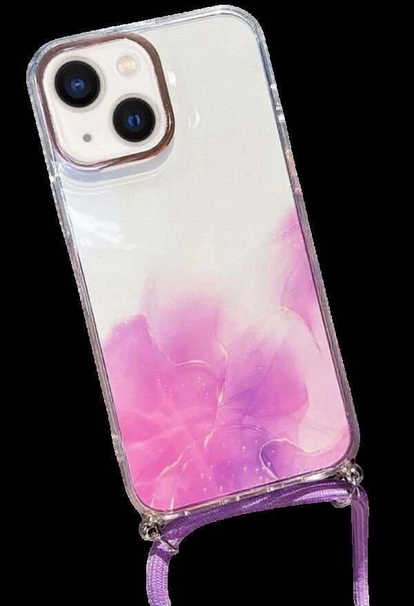 Forcell iPhone 14 Gold Halo Marble Pattern Lanyard Θήκη Σιλικόνης Διάφανη - Purple