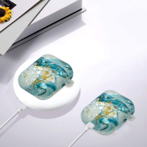AirPods 1 / 2 Θήκη Σιλικόνης με Λουράκι Painted Shell Texture Wireless Earphone Case with Lanyard Blue Gold Marble