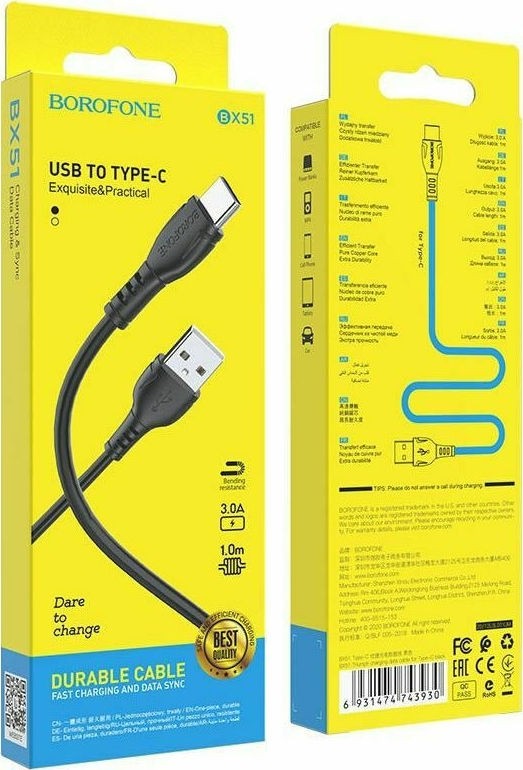 Borofone BX51 Triumph USB 2.0 Cable USB-C male - USB-A male Μαύρο 1m (43930)