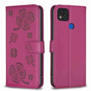 Tel1 Xiaomi Redmi 9C / Redmi 10A Four-leaf Embossed Θήκη Βιβλίο - Rose Red