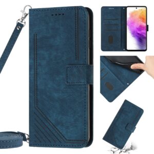 Tel1 Samsung Galaxy A54 5G Skin Feel Stripe Pattern with Lanyard Θήκη Βιβλίο - Blue