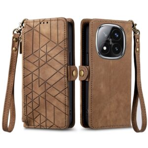 Tel1 Xiaomi Redmi Note 14 Pro 5G / 14 Pro Plus 5G / Poco X7 5G Geometric Zipper Wallet Buckle Θήκη Βιβλίο - Brown