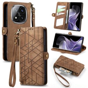 Tel1 Xiaomi Redmi Note 14 Pro 5G / 14 Pro Plus 5G / Poco X7 5G Geometric Zipper Wallet Buckle Θήκη Βιβλίο - Brown