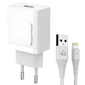 Powertech PT-1323 Φορτιστής με Θύρα USB-A και Καλώδιο Lightning 12W Λευκός