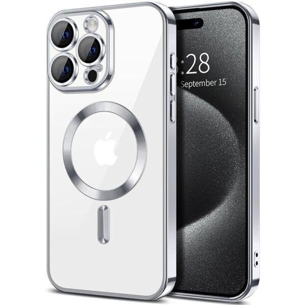 Techsuit iPhone 15 Pro Max MagSafe Luxury Crystal Θήκη Με Πλαίσιο Σιλικόνης Διάφανη - Silver