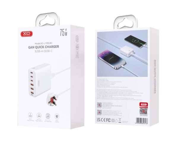 XO-L133 Φορτιστής GaN χωρίς Καλώδιο με 3 Θύρες USB-A και 3 Θύρες USB-C 75W Λευκός