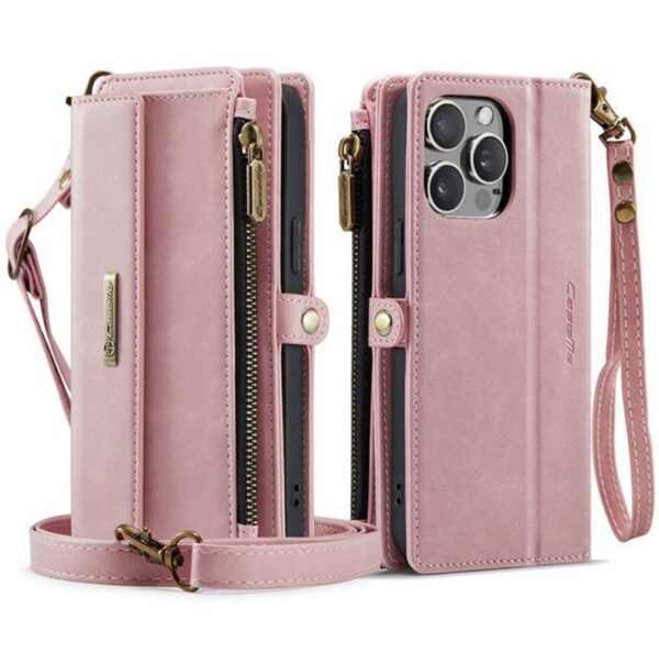 CaseMe C39 iPhone 15 Pro RFID Blocking Zipper Wallet Case with Strap Θήκη Βιβλίο - Pink