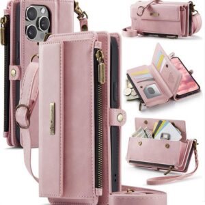 CaseMe C39 iPhone 15 Pro RFID Blocking Zipper Wallet Case with Strap Θήκη Βιβλίο - Pink