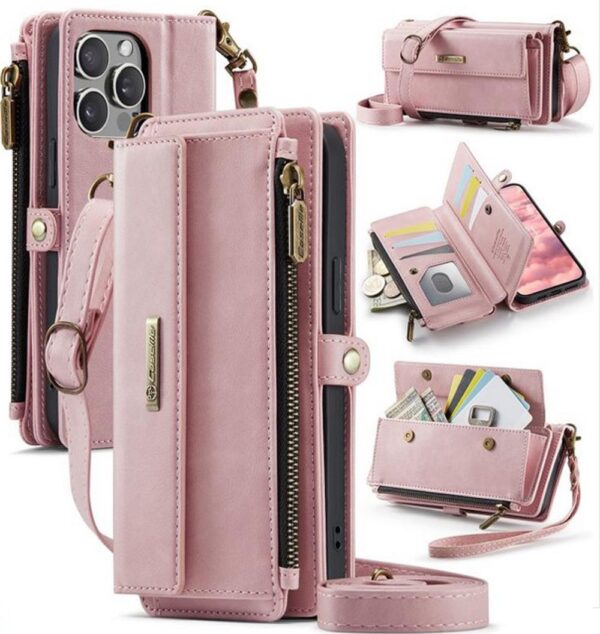 CaseMe C39 iPhone 15 Pro RFID Blocking Zipper Wallet Case with Strap Θήκη Βιβλίο - Pink