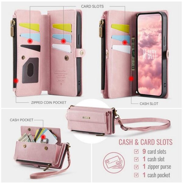 CaseMe C39 iPhone 15 Pro RFID Blocking Zipper Wallet Case with Strap Θήκη Βιβλίο - Pink