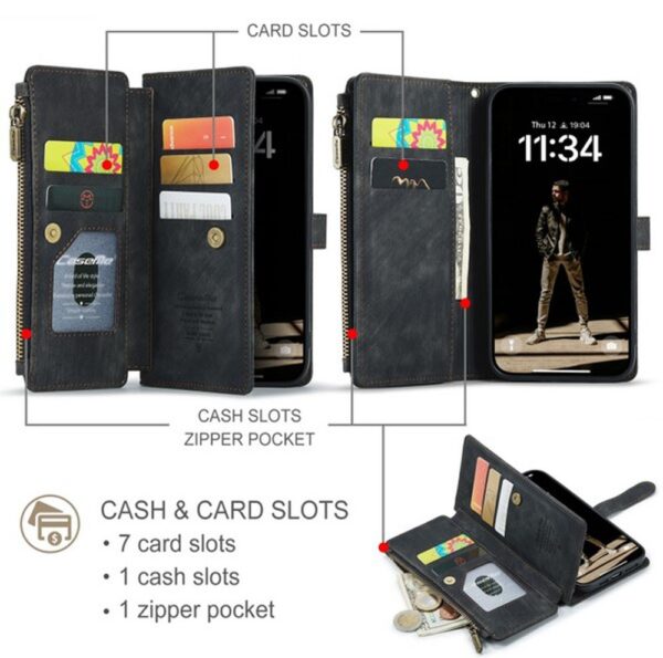 CaseMe C30 iPhone 16 Card Slots Zipper Wallet Θήκη Βιβλίο - Black