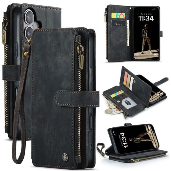 CaseMe C30 iPhone 16 Card Slots Zipper Wallet Θήκη Βιβλίο - Black