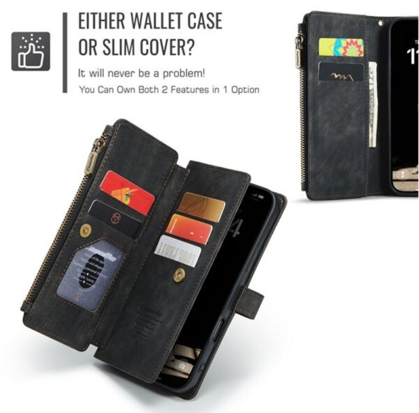 CaseMe C30 iPhone 16 Card Slots Zipper Wallet Θήκη Βιβλίο - Black