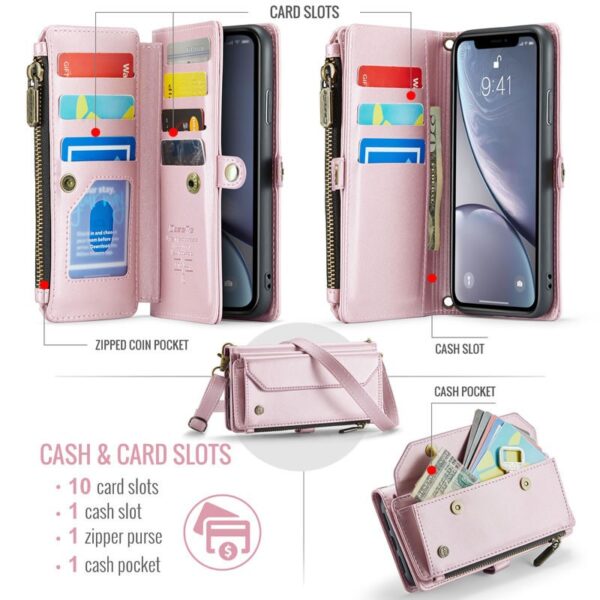 CaseMe C36 iPhone 16e RFID Wallet Zip Card PU Θήκη Βιβλίο - Pink