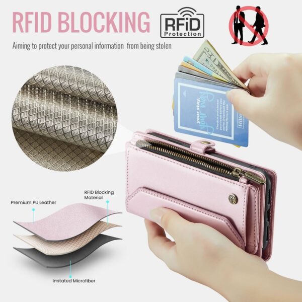 CaseMe C36 iPhone 16e RFID Wallet Zip Card PU Θήκη Βιβλίο - Pink