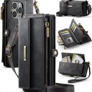 CaseMe C39 iPhone 15 Pro RFID Blocking Zipper Wallet Case with Strap Θήκη Βιβλίο - Black