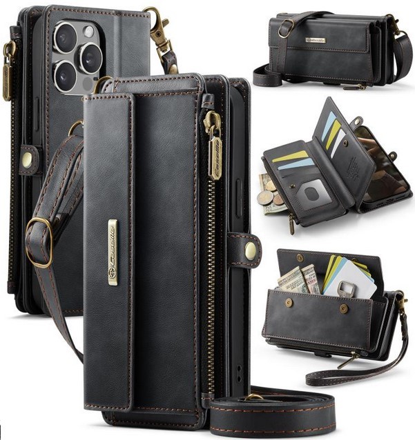 CaseMe C39 iPhone 15 Pro RFID Blocking Zipper Wallet Case with Strap Θήκη Βιβλίο - Black