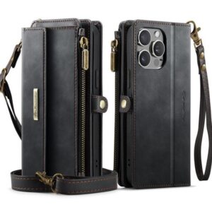 CaseMe C39 iPhone 15 Pro RFID Blocking Zipper Wallet Case with Strap Θήκη Βιβλίο - Black