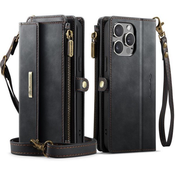 CaseMe C39 iPhone 15 Pro RFID Blocking Zipper Wallet Case with Strap Θήκη Βιβλίο - Black