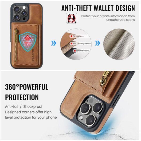 DG.MING M5 Series iPhone 16 Pro Zip RFID Multi - Card Detachable Θήκη Δερματίνης - Brown