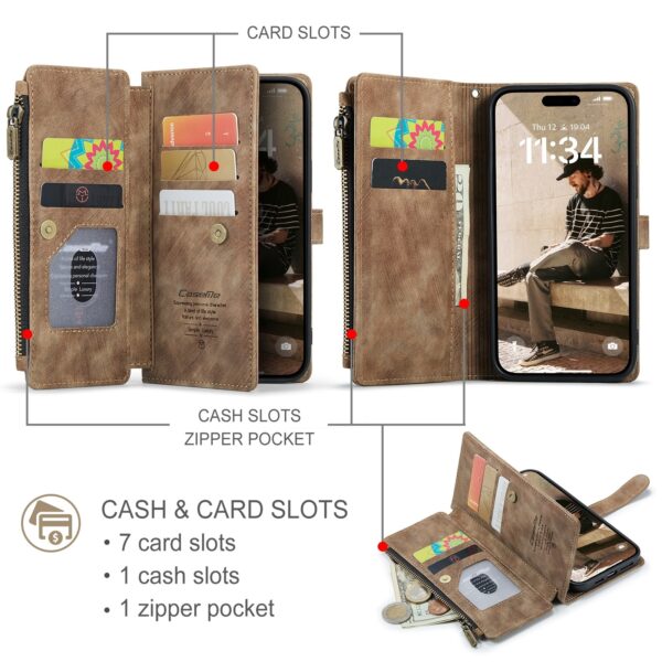 CaseMe C30 iPhone 16 Pro Card Slots Zipper Wallet Case Θήκη Βιβλίο - Brown
