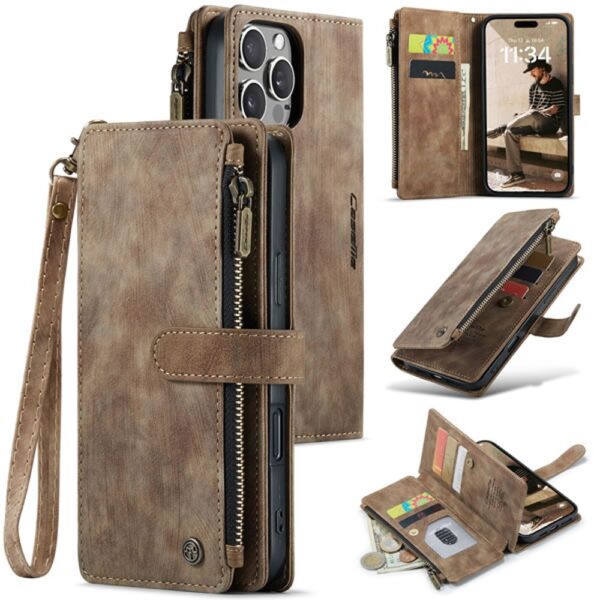 CaseMe C30 iPhone 16 Pro Card Slots Zipper Wallet Case Θήκη Βιβλίο - Brown