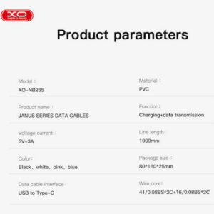 XO-NB265 USB-A to USB-C 3A 1m Μαύρο