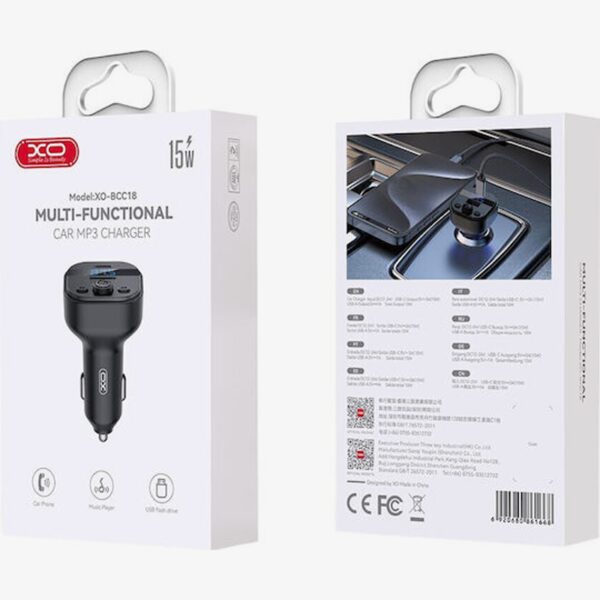 XO-BCC18 FM Transmitter Αυτοκινήτου με Bluetooth / USB-A & USB-C / 15W / Φωτισμός LED Μαύρο
