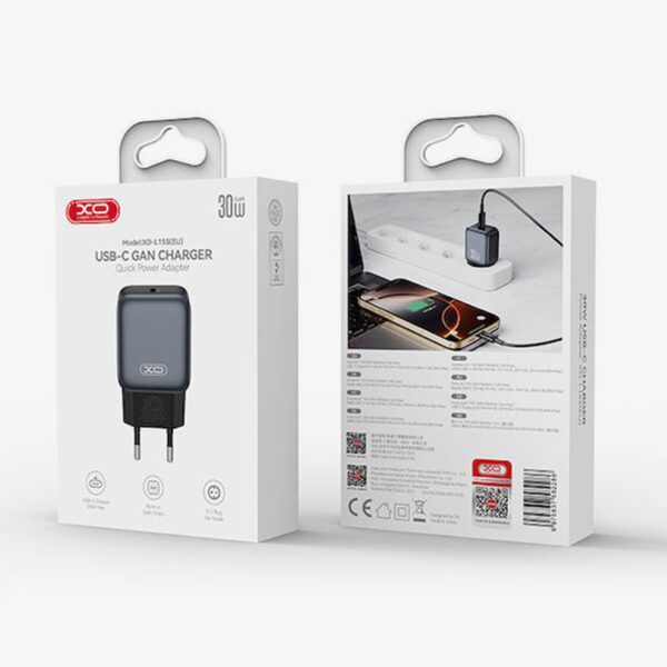 XO-L155 Φορτιστής χωρίς Καλώδιο με Θύρα USB-C PD GaN 30W Μαύρος