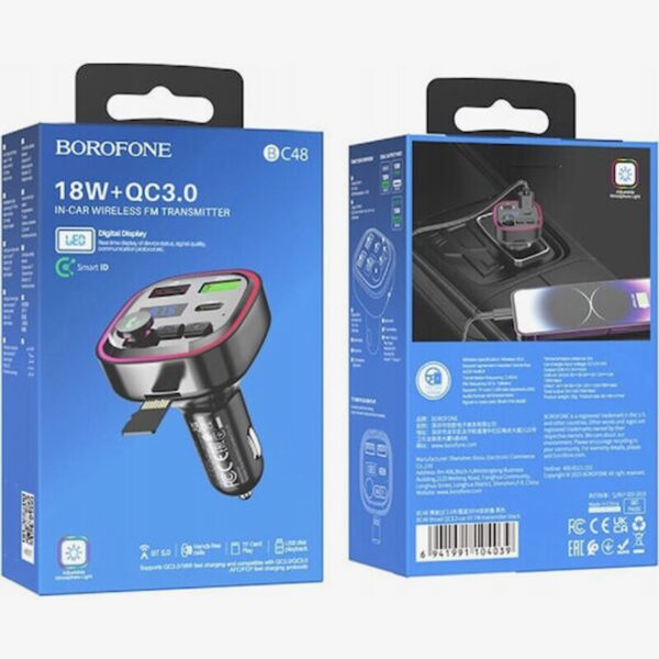 Borofone FM Transmitter Αυτοκινήτου με Bluetooth / Θύρες 2Χ USB-A & 1Χ USB-C PD / QC 3.0 Μαύρο