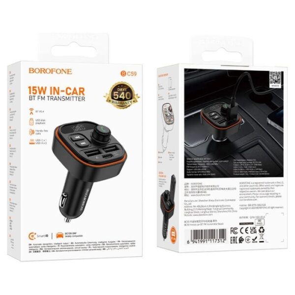 Borofone FM Transmitter Αυτοκινήτου με Bluetooth / Θύρες 2Χ USB-A & 1Χ USB-C 15W Μαύρο
