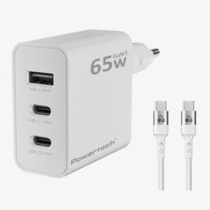 Powertech PT-1378 Φορτιστής με Καλώδιο USB-C σε USB-C και Θύρες 2x USB-C και 1Χ USB-Α GaN3 65W Λευκός