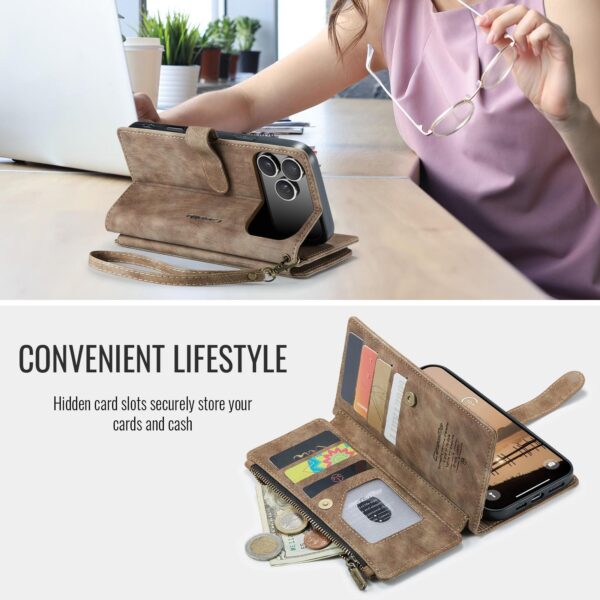 CaseMe C30 iPhone 17 Pro Max Card Slots Zipper Wallet Θήκη Βιβλίο - Brown