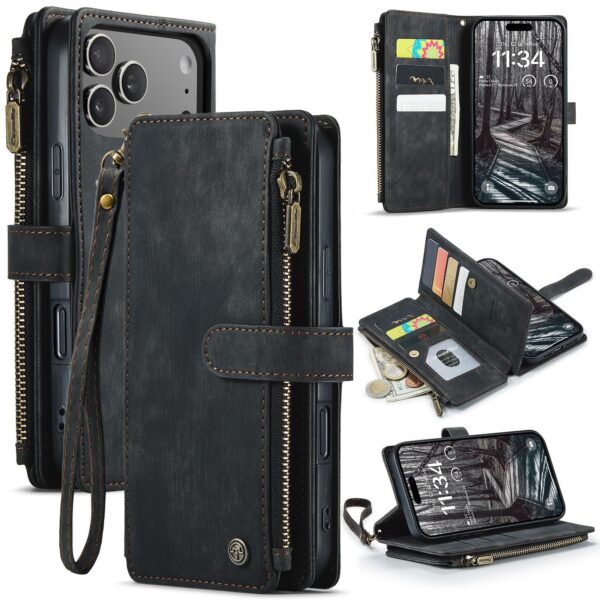 CaseMe C30 iPhone 17 Pro Max Card Slots Zipper Wallet Θήκη Βιβλίο - Black
