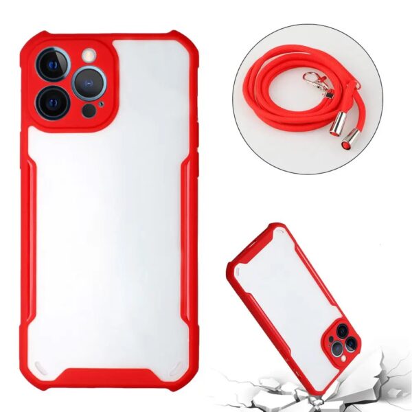 Forcell iPhone 12 Pro Max Lanyard Shockproof Θήκη με Πλαίσιο Σιλικόνης Διάφανη - Red