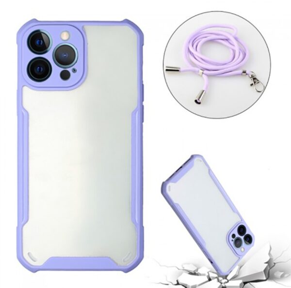 Forcell iPhone 12 Pro Max Lanyard Shockproof Θήκη με Πλαίσιο Σιλικόνης Διάφανη - Purple