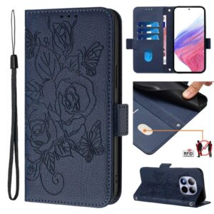 Xiaomi Redmi Note 15 Pro 5G Embossed Rose RFID Anti-theft Leather Dark Blue-Θήκη Βιβλίο